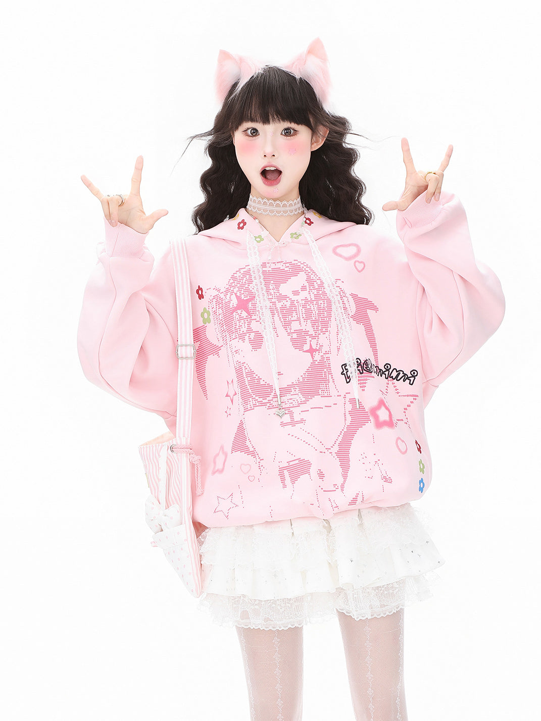 Cartoon Wing Lace-Drawstring Pullover Hoodie - View 4
