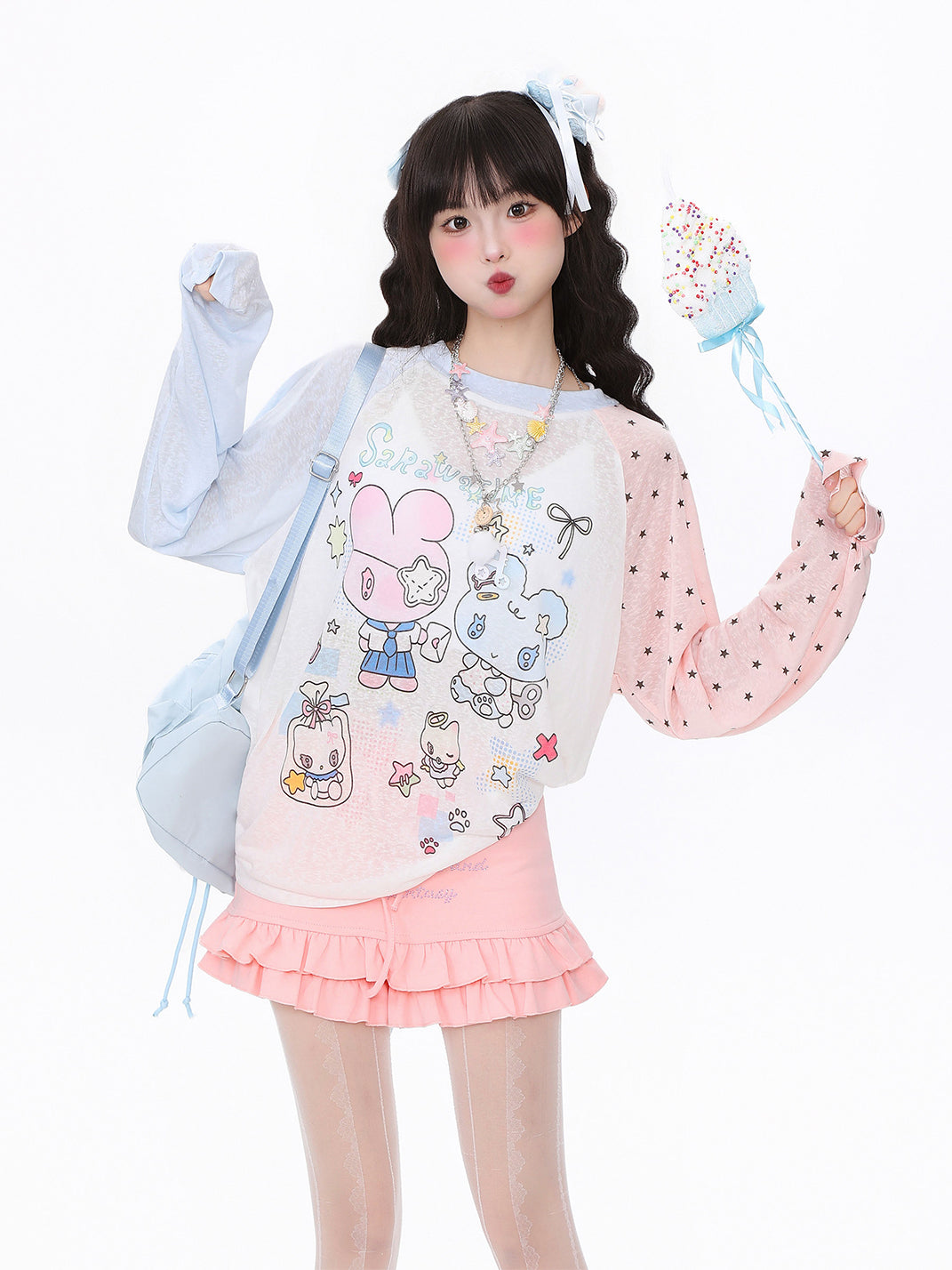 Cartoon Colorblock Sheer Mesh Long-Sleeve Top