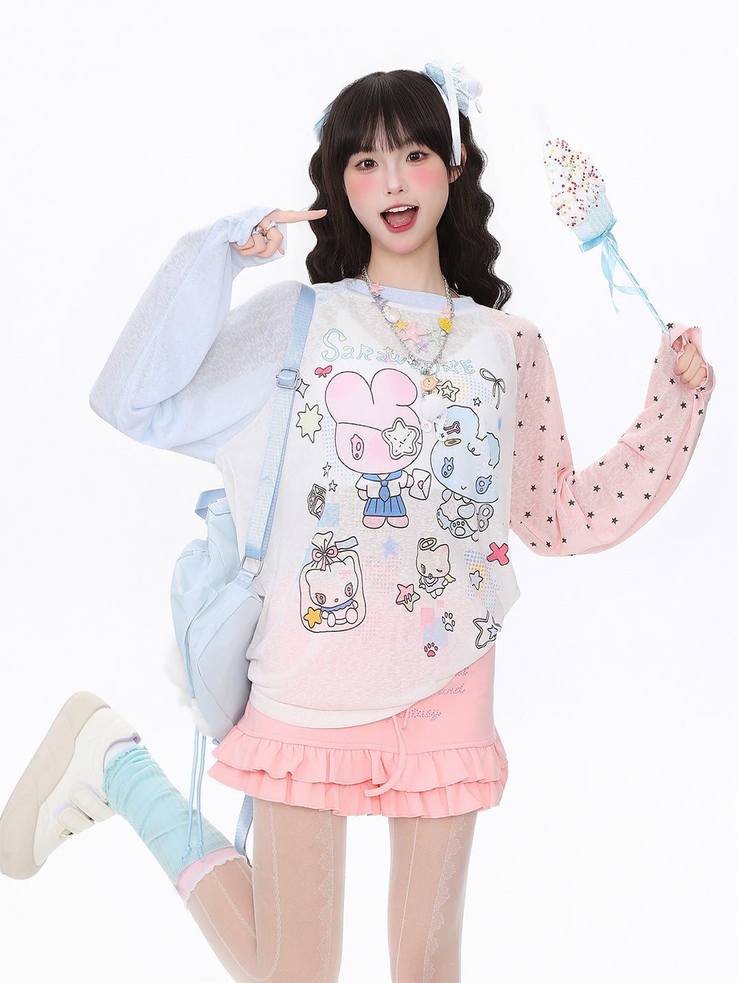 Cartoon Colorblock Sheer Mesh Long-Sleeve Top - View 2