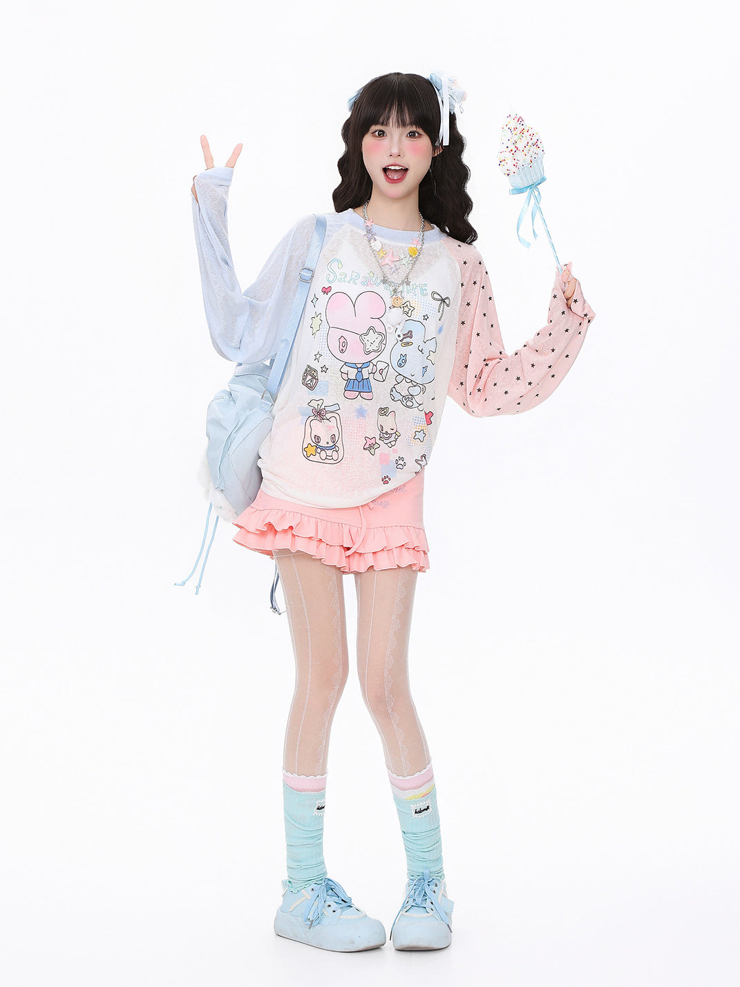 Cartoon Colorblock Sheer Mesh Long-Sleeve Top - View 3