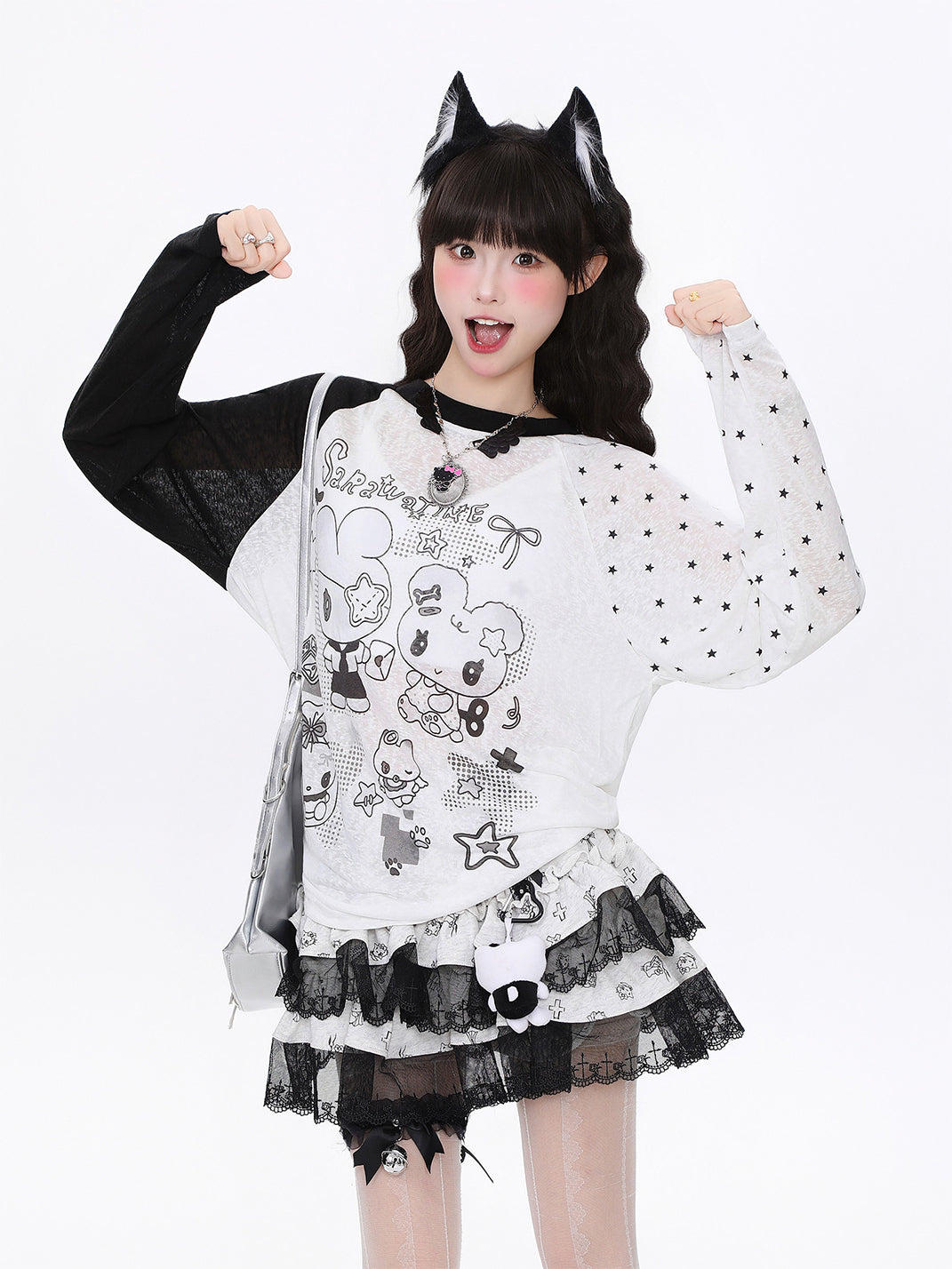 Cartoon Colorblock Sheer Mesh Long-Sleeve Top - View 4