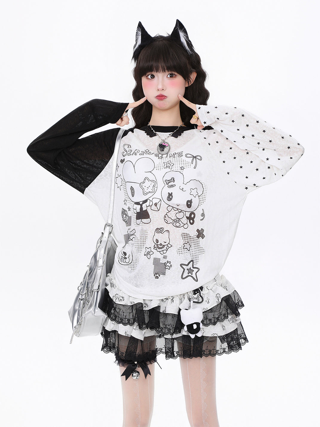 Cartoon Colorblock Sheer Mesh Long-Sleeve Top - View 5