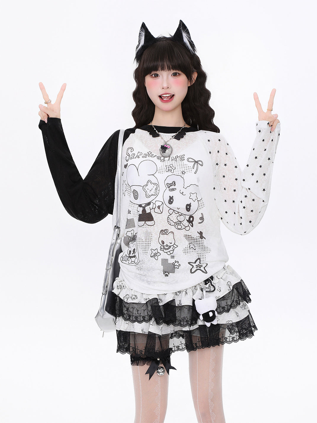 Cartoon Colorblock Sheer Mesh Long-Sleeve Top - View 6