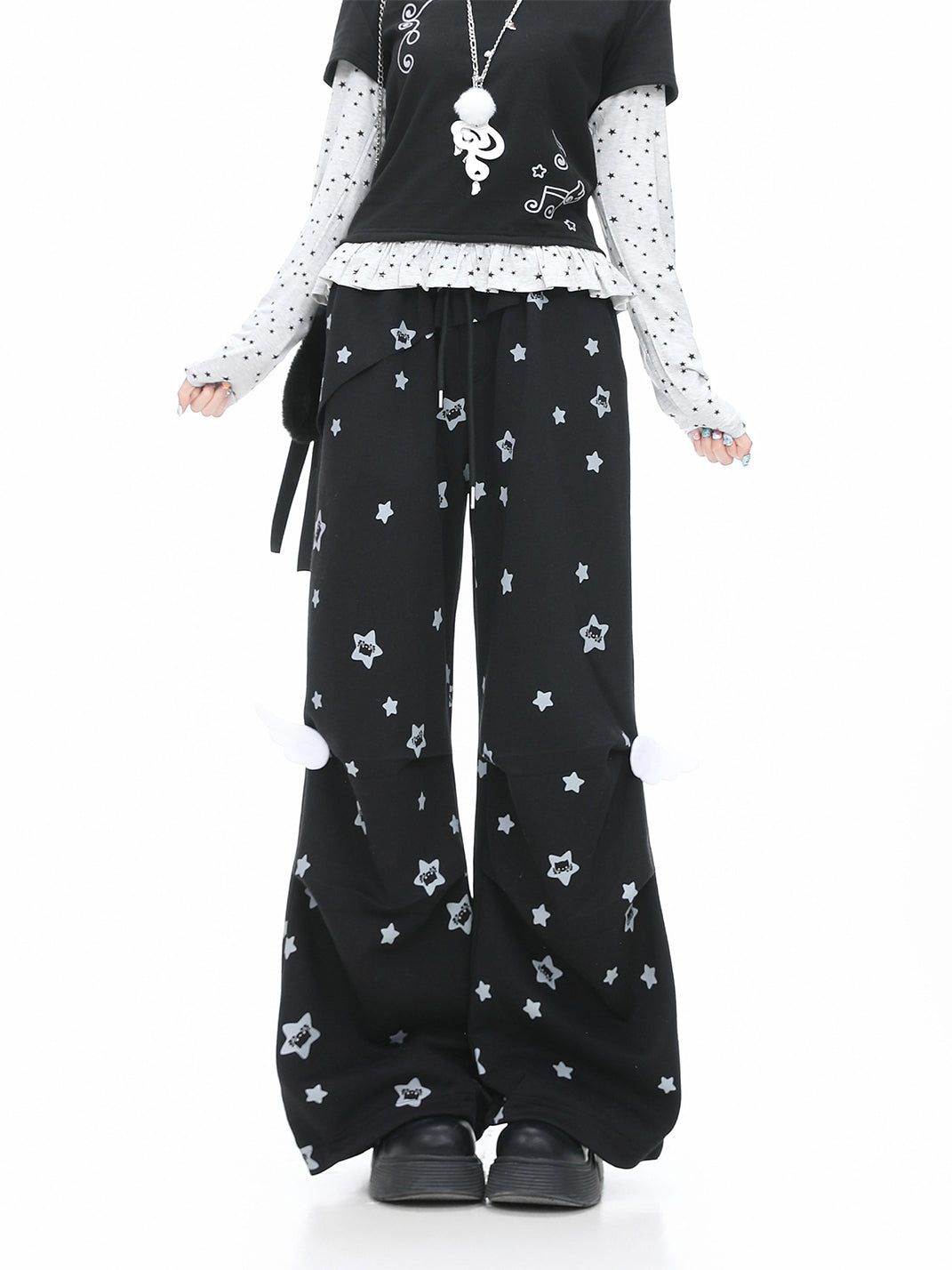 Wing-Trim High-Waist Pleated Straight-Leg Pants