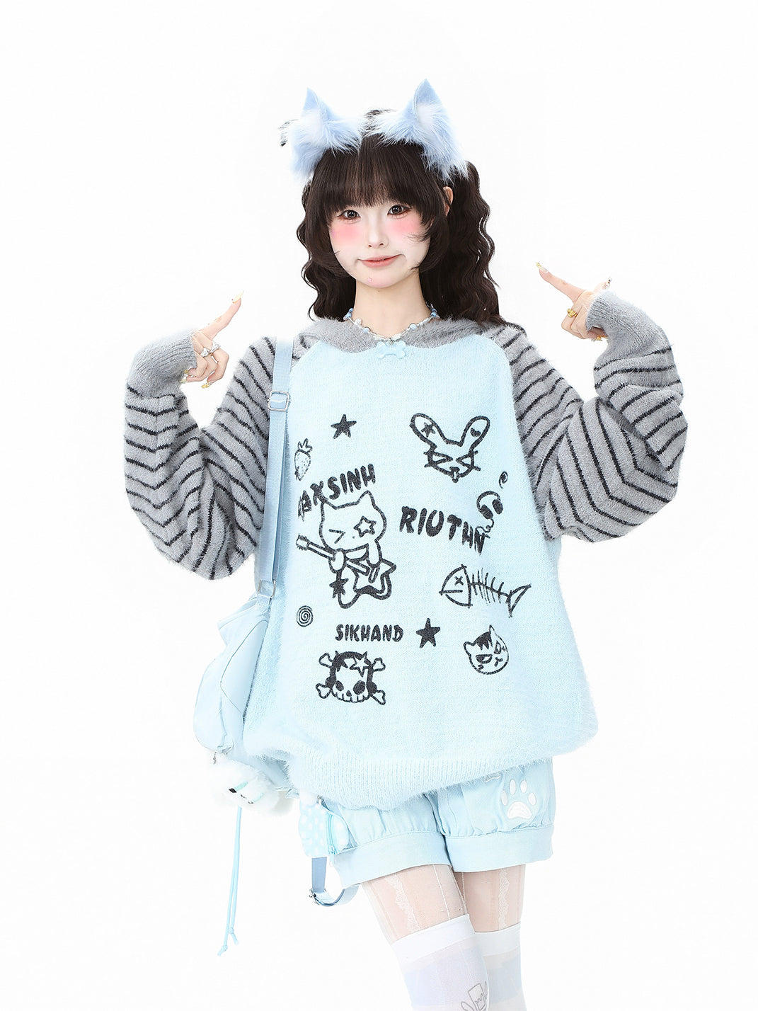 Fuzzy Cartoon Striped Hooded Knit Sweater - View 2