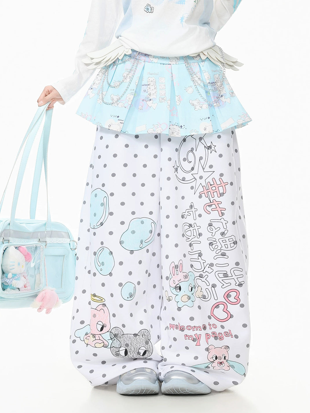 Polka-Dot Cartoon Wide-Leg Drawstring Pants - View 2