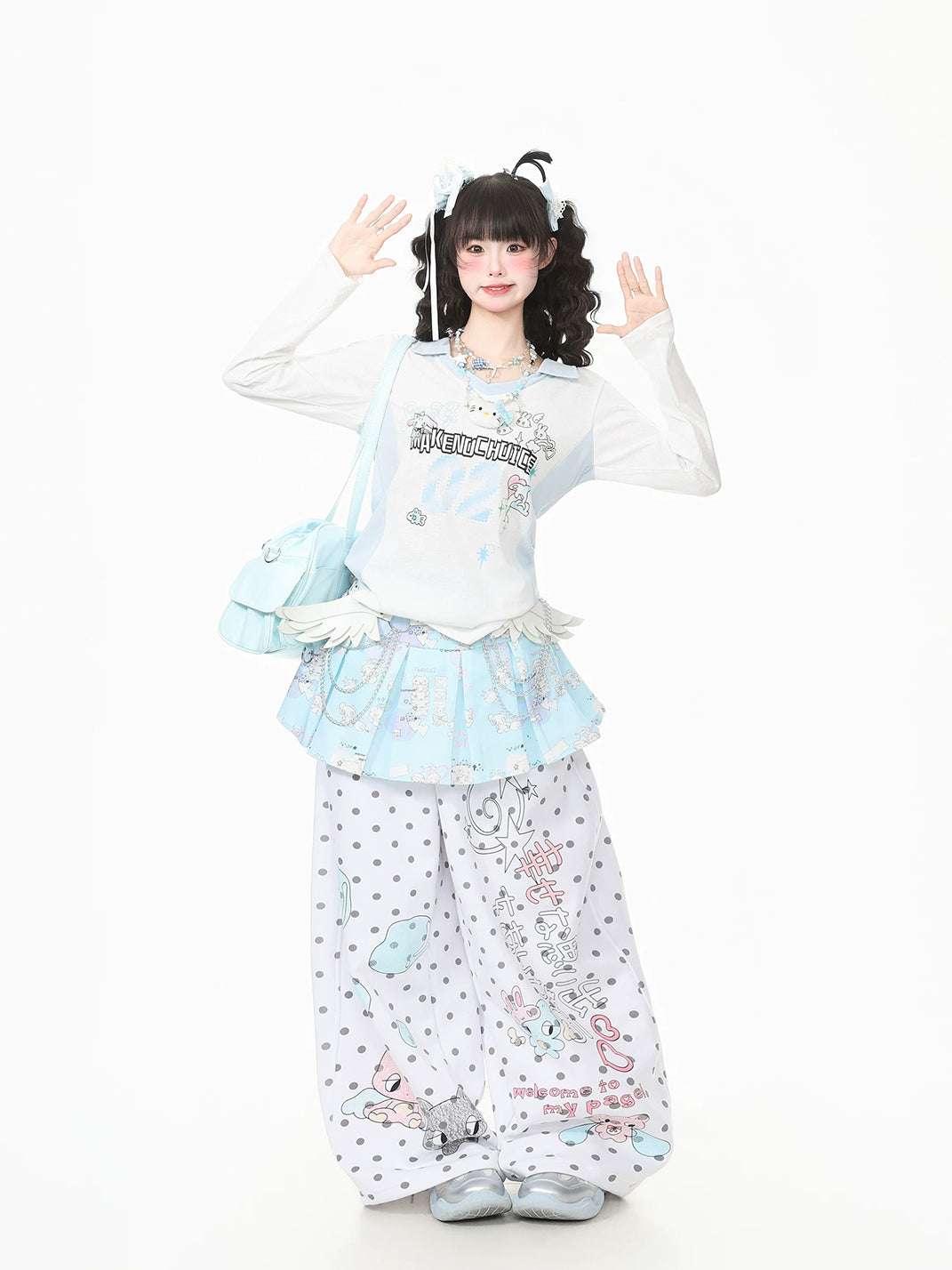 Polka-Dot Cartoon Wide-Leg Drawstring Pants - View 3