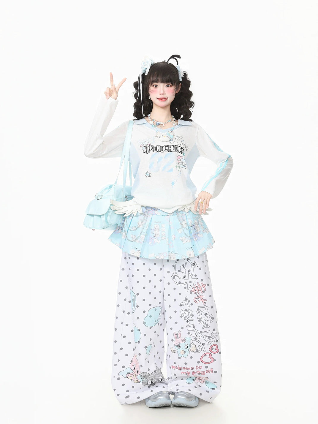 Polka-Dot Cartoon Wide-Leg Drawstring Pants - View 4