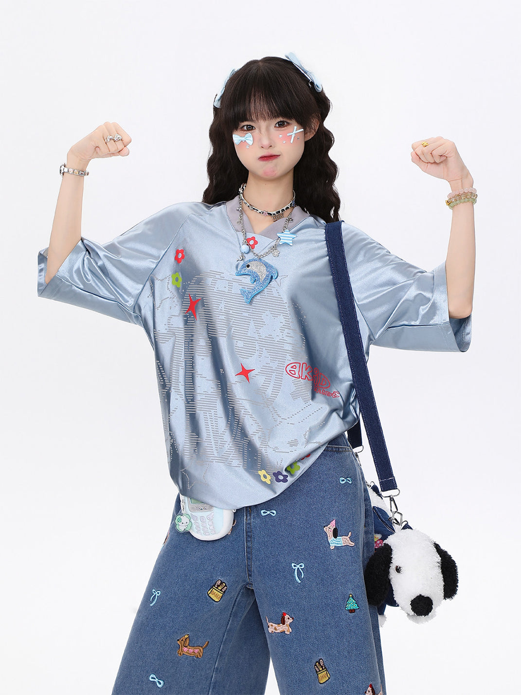 Star-Print Satin Short-Sleeve Top - View 2