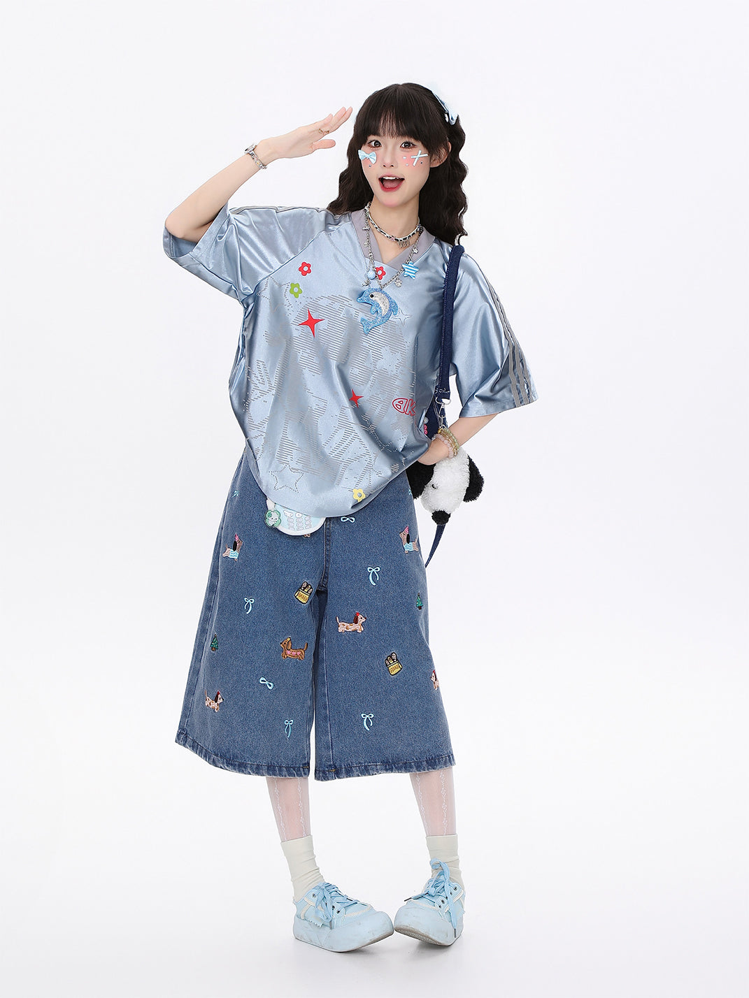 Star-Print Satin Short-Sleeve Top - View 4