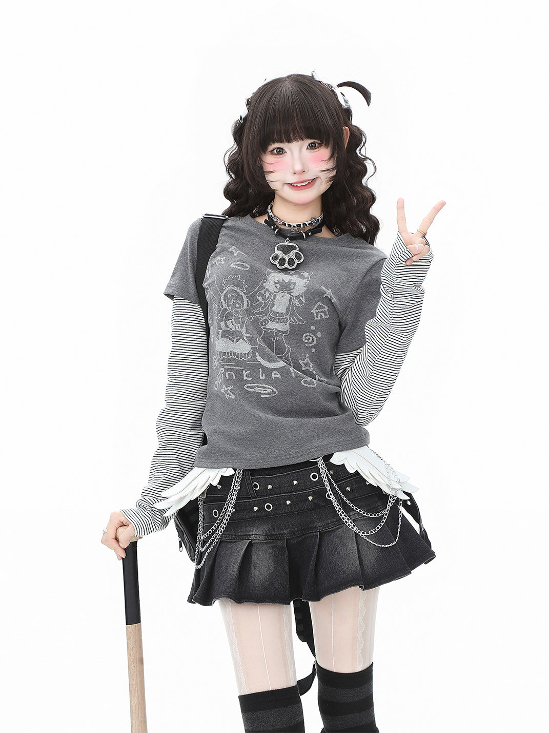 Angel-Graphic Layered-Stripe Long-Sleeve Tee - View 2