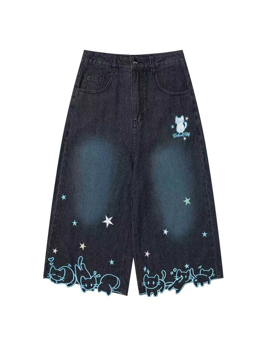 Star-Cat Embroidered Cropped Wide-Leg Jeans