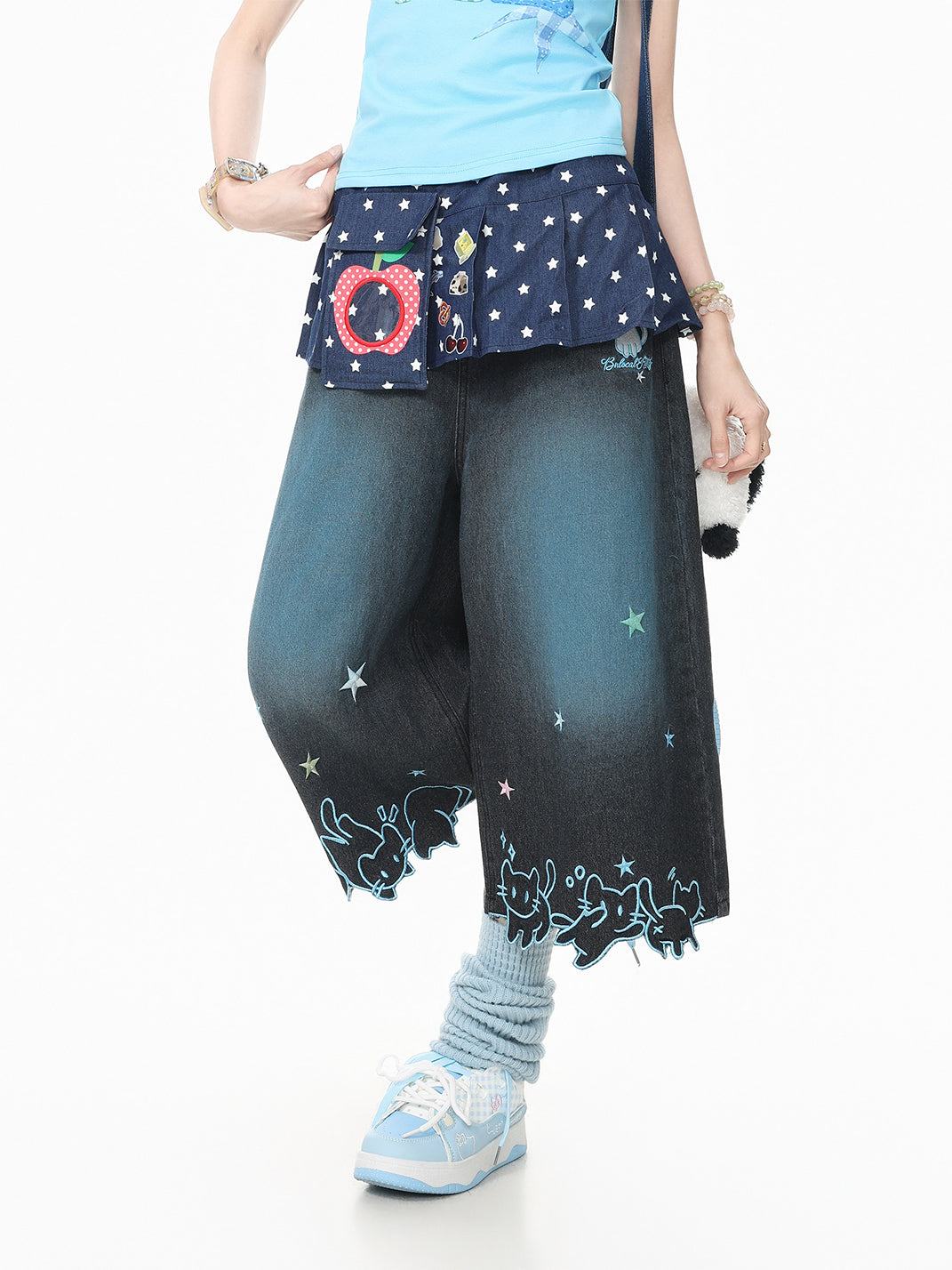Star-Cat Embroidered Cropped Wide-Leg Jeans - View 3