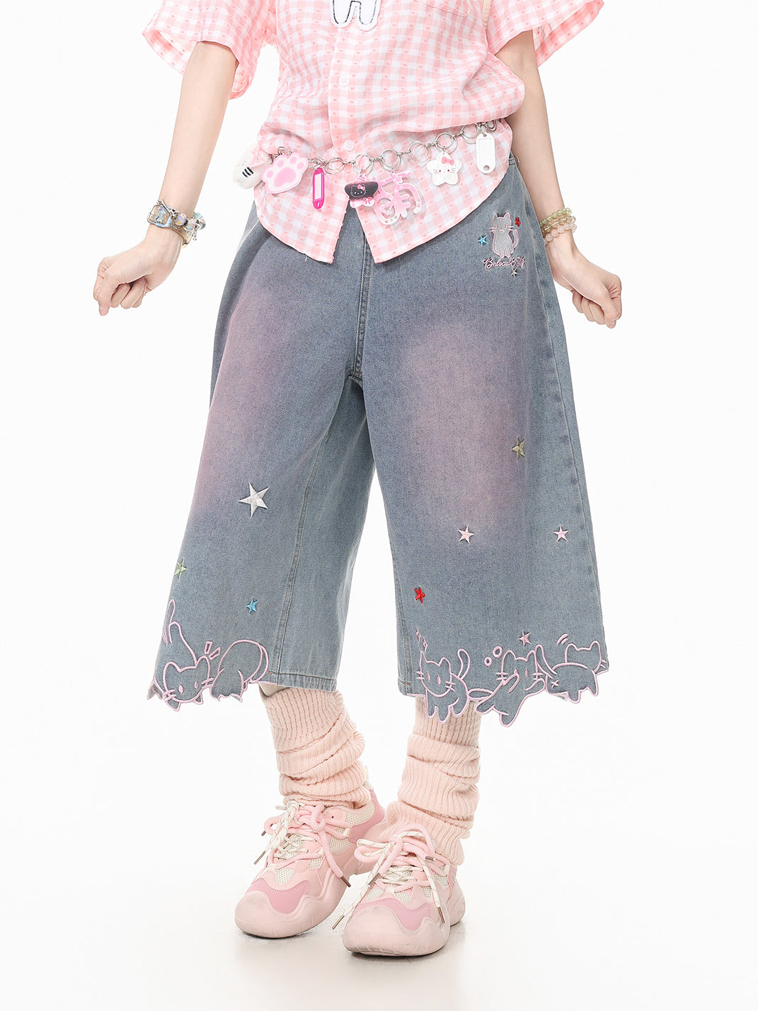 Star-Cat Embroidered Cropped Wide-Leg Jeans - View 6