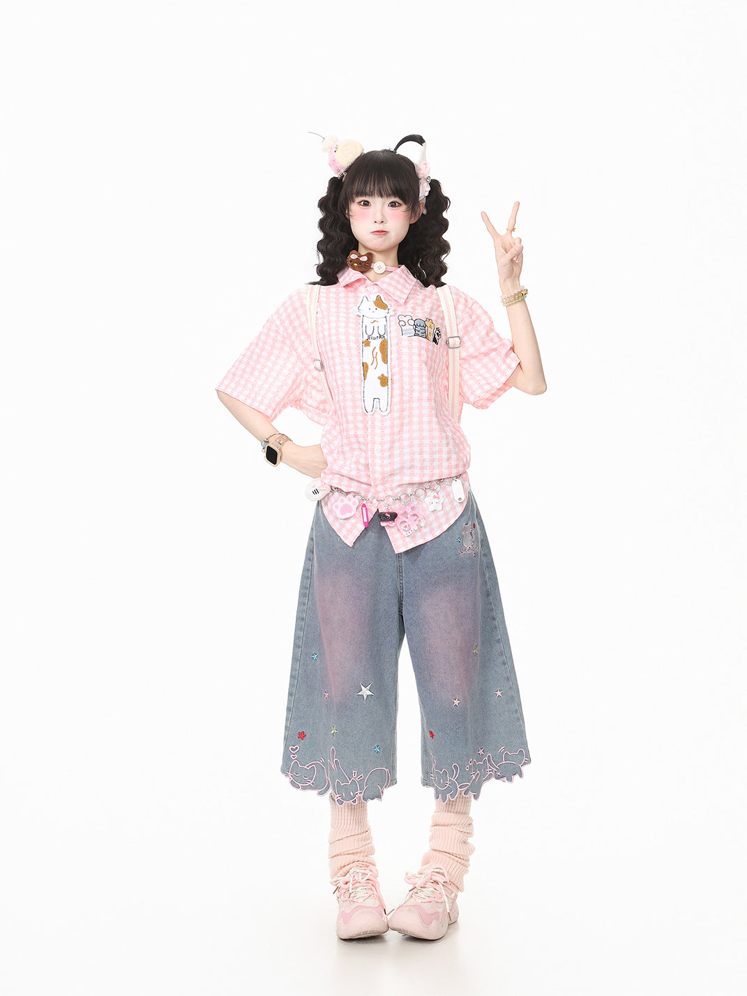 Star-Cat Embroidered Cropped Wide-Leg Jeans - View 7
