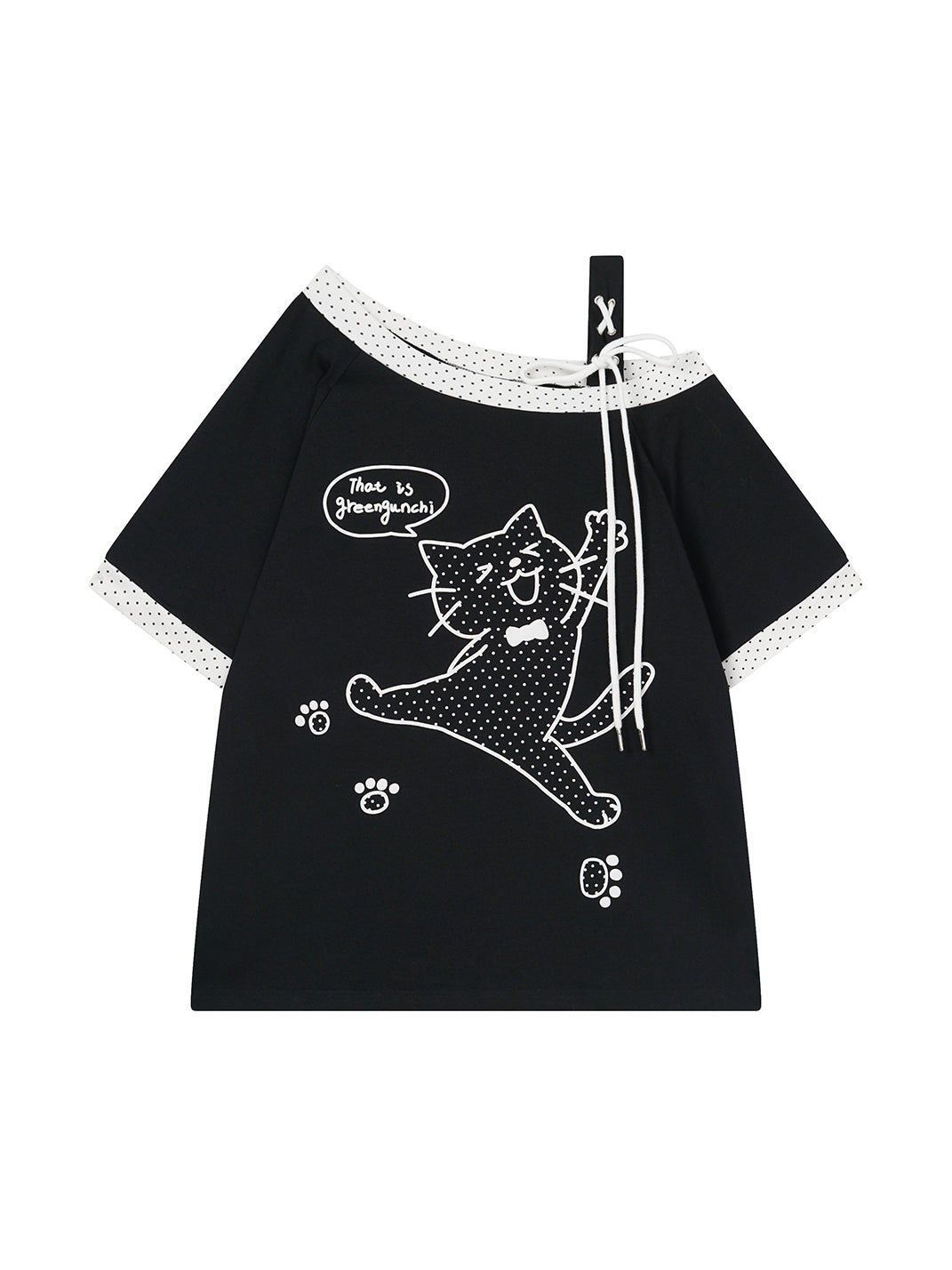 Cat-Graphic Off-Shoulder Cotton Top
