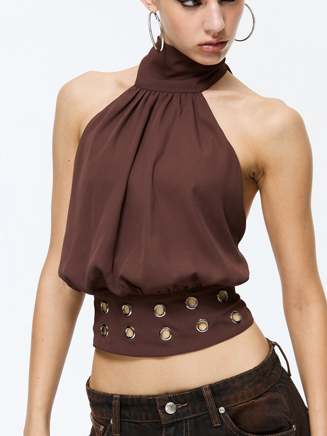 Brown Halter Off-Shoulder Tank Top - View 3