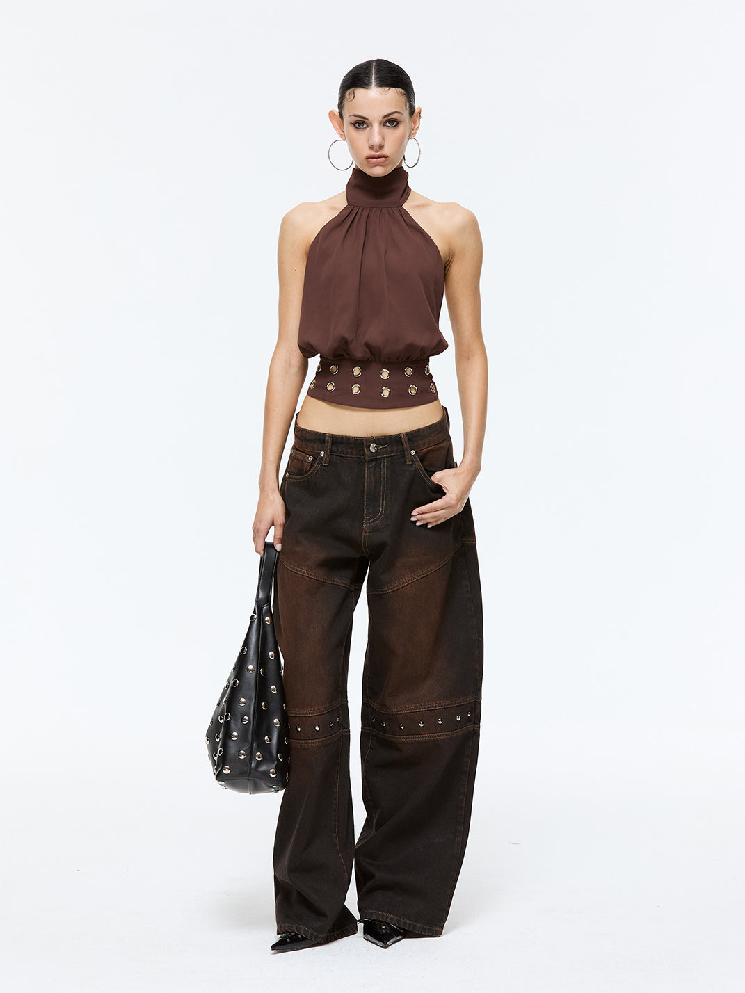 Brown Halter Off-Shoulder Tank Top - View 5