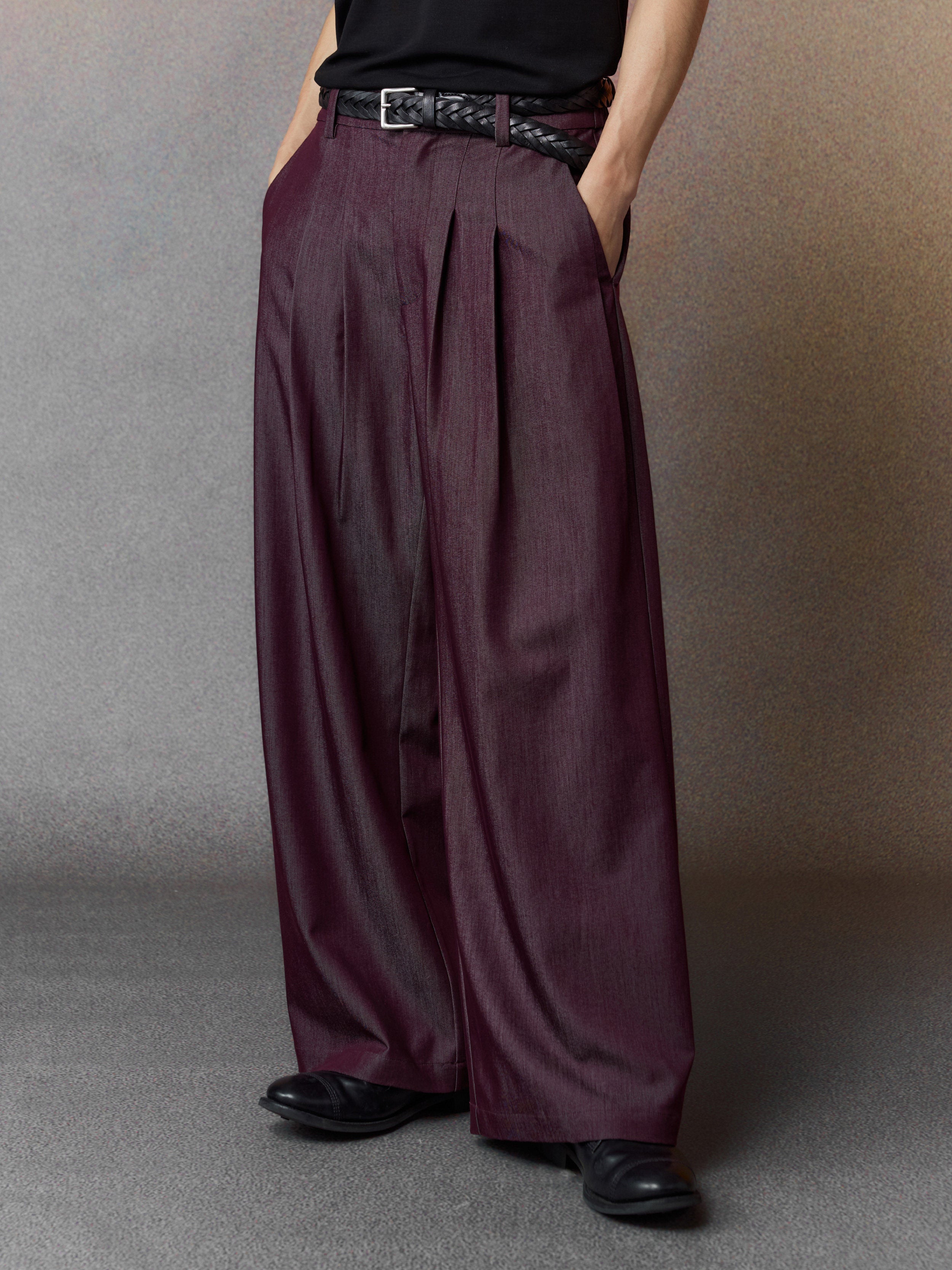 Mustard purple pleated wide-leg trousers