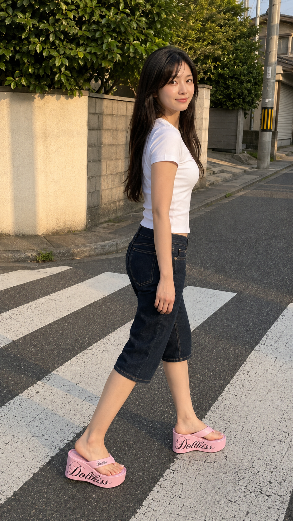 Logo-Print 10cm Platform Wedge Flip-Flops in pink worn at a neighborhood crosswalk