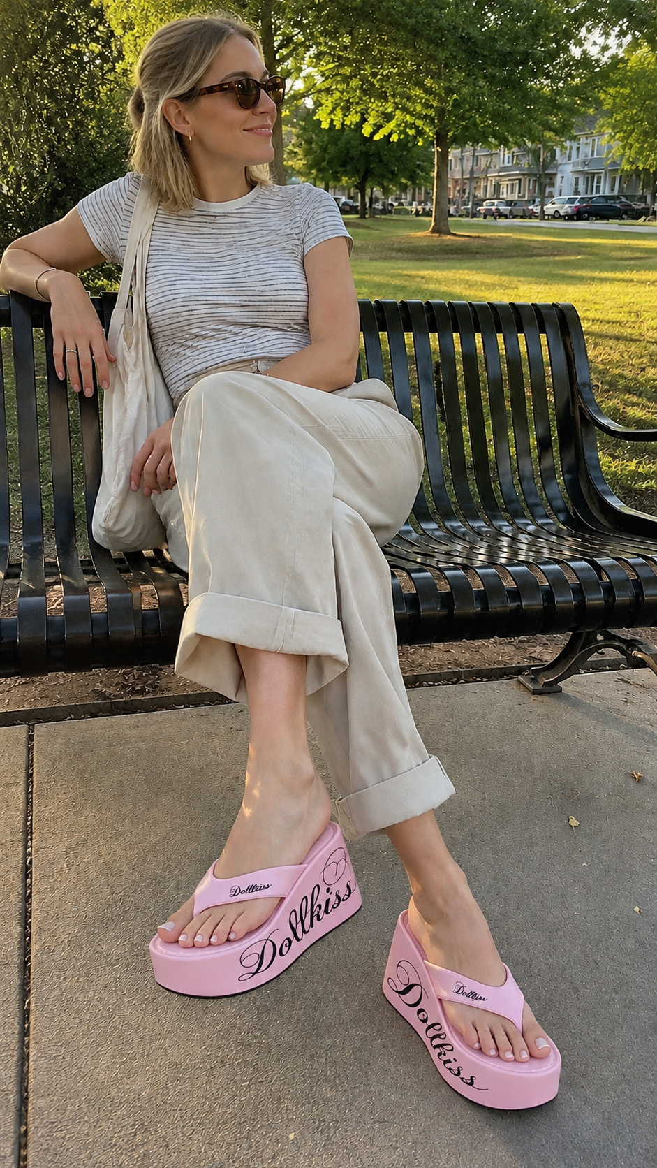 Logo-Print 10cm Platform Wedge Flip-Flops in pink styled on a neighborhood park bench