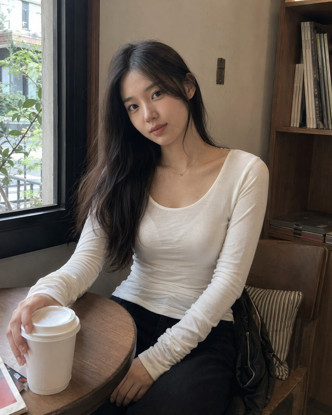 UGC showcase 3 for Long Sleeve Basic Tee: Asian woman in a Taipei cafe.