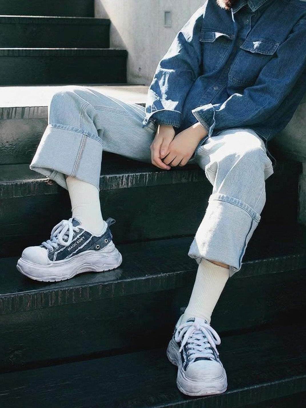 Distressed Denim Platform Sneakers - View 2