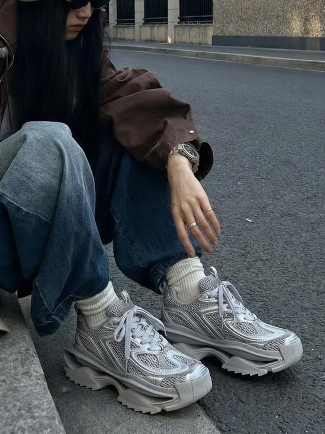 Silver Mesh Sculpted-Sole Runner Sneakers - View 2