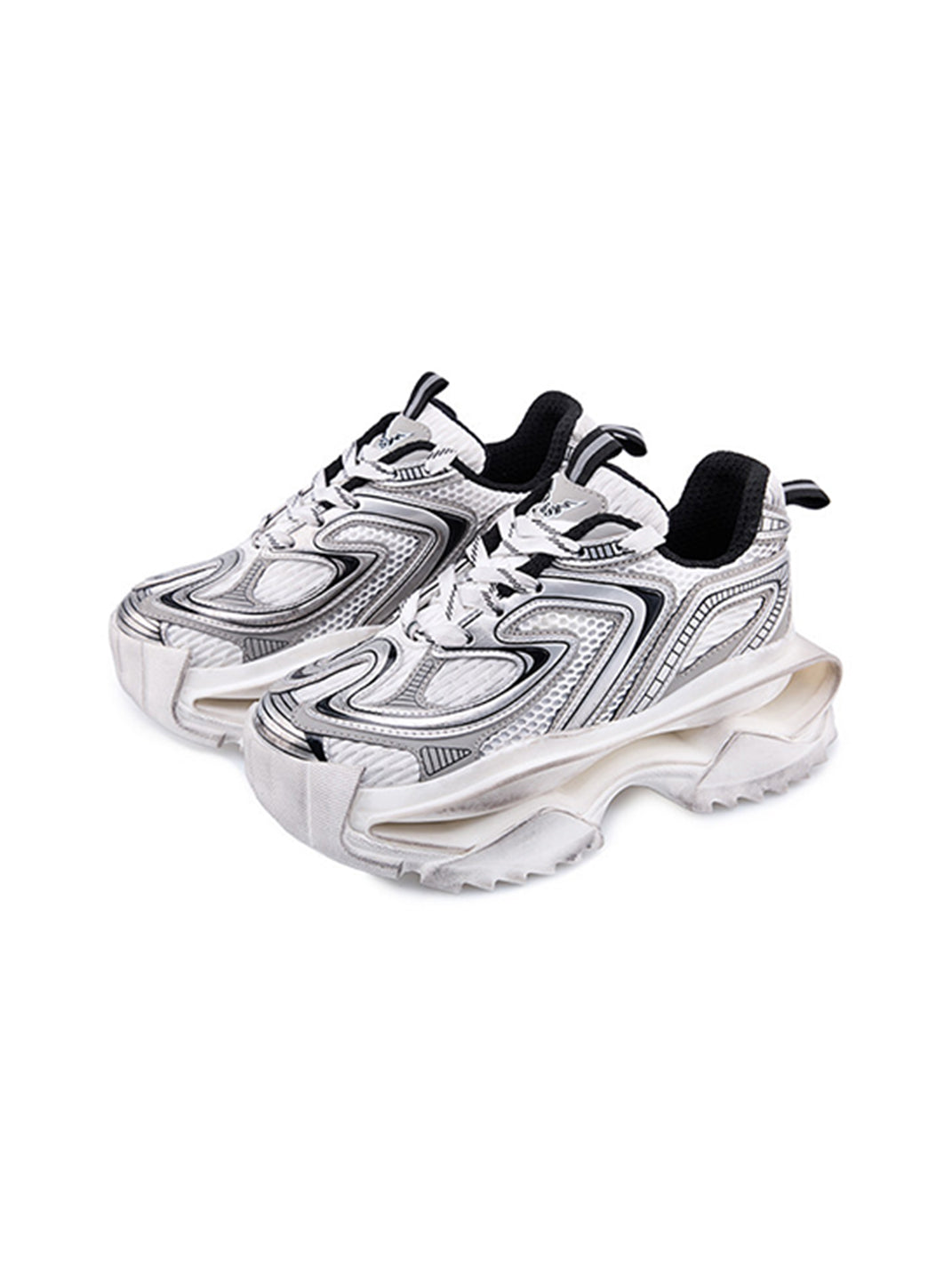 Distressed Silver Sculpted-Sole Dad Sneakers - View 9