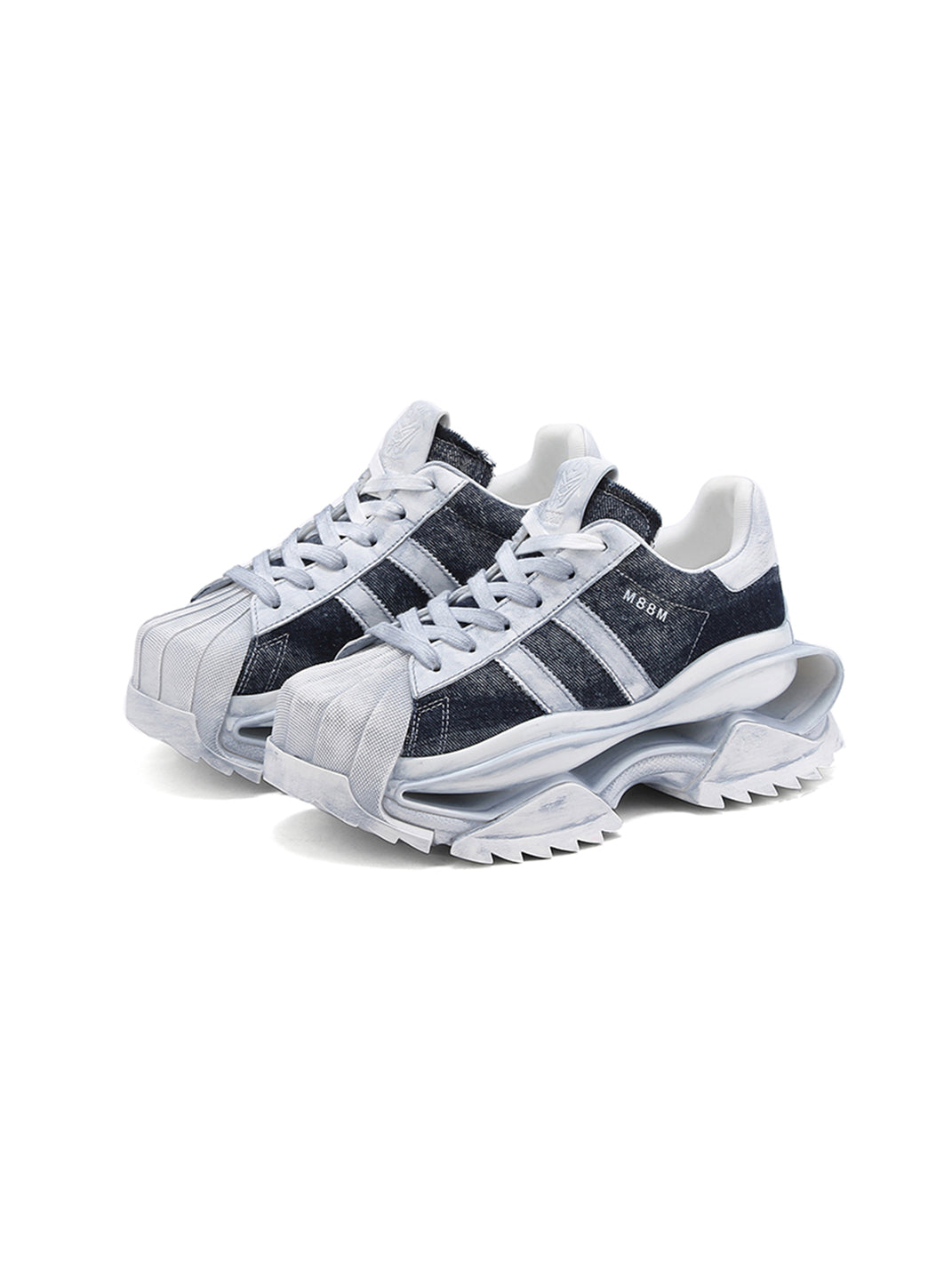 Washed Blue Leather Platform Court Sneakers - View 4