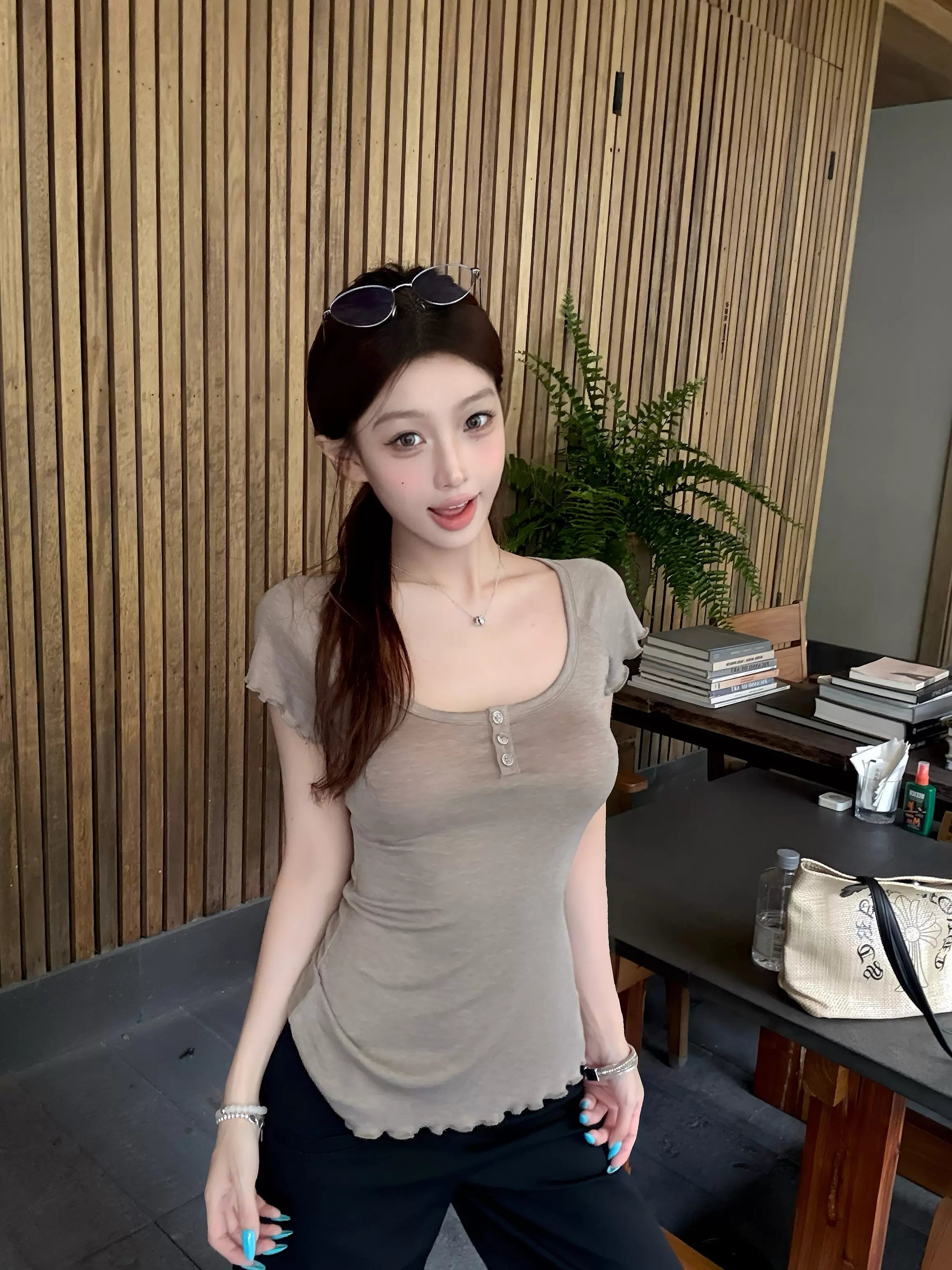 Khaki Ruched Flutter-Sleeve T-Shirt product view 1