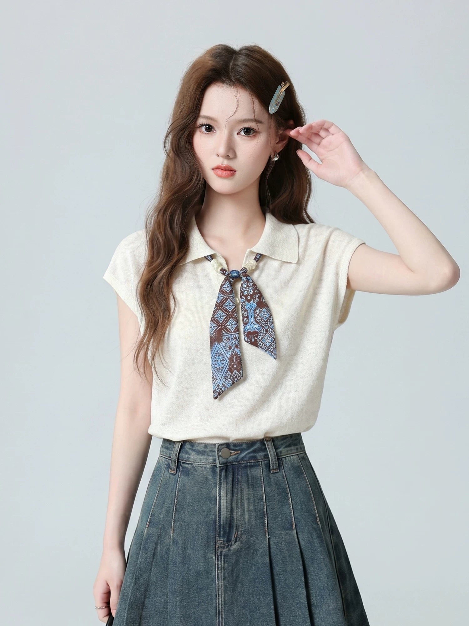 Scarf-Tie Oatmeal Polo Top product view 1