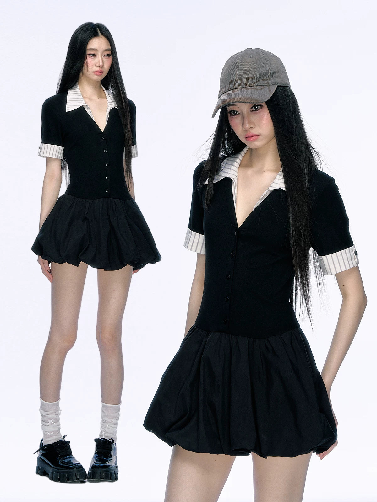 Contrast-Collar Ruffle-Hem Mini Dress product view 1