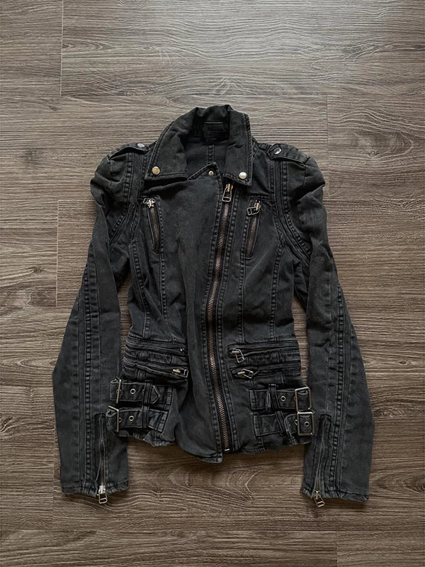 Buckle-Detailed Denim Moto Jacket product view 1