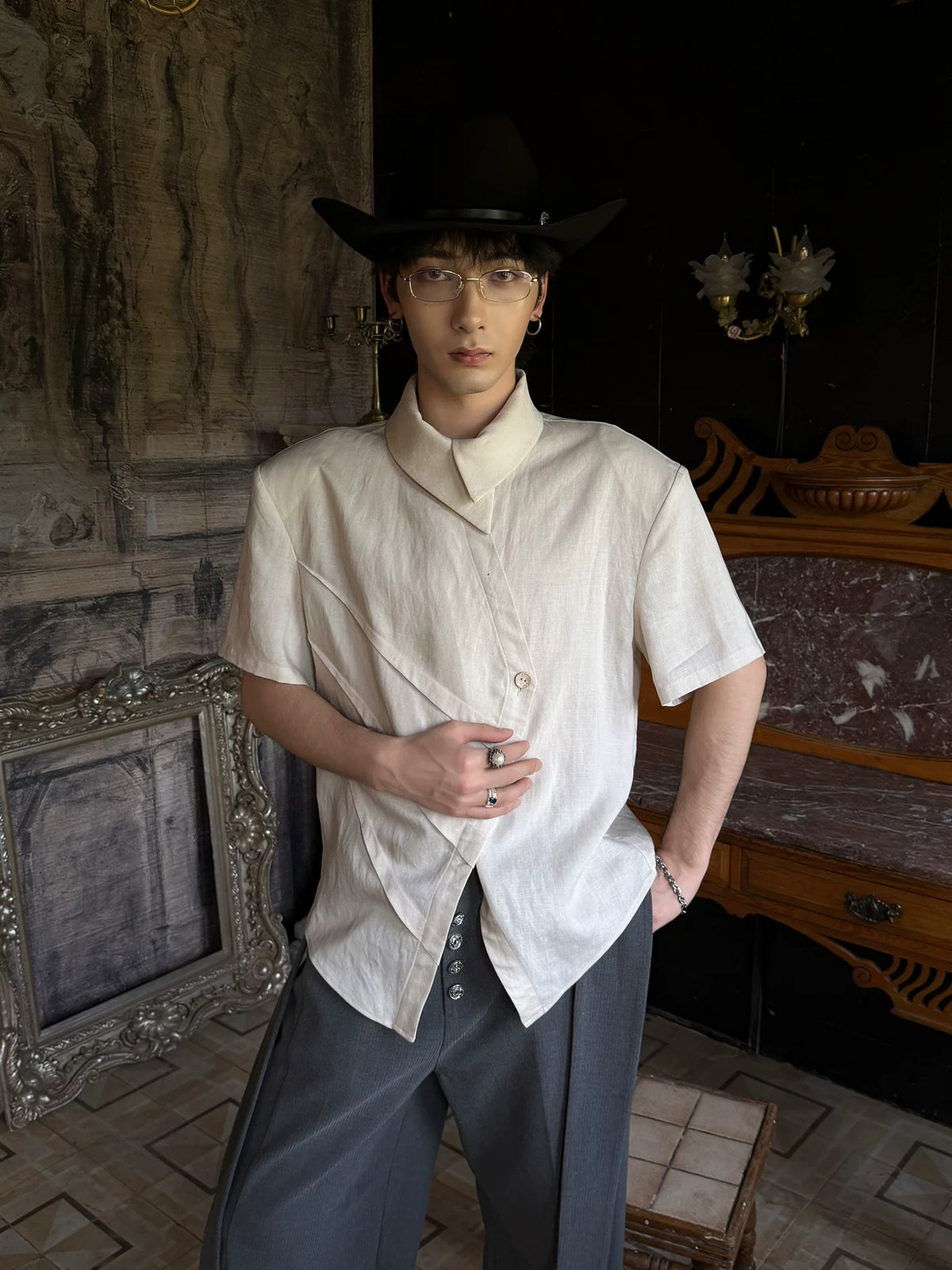 Asymmetric Fold-Collar Short-Sleeve Shirt product view 6