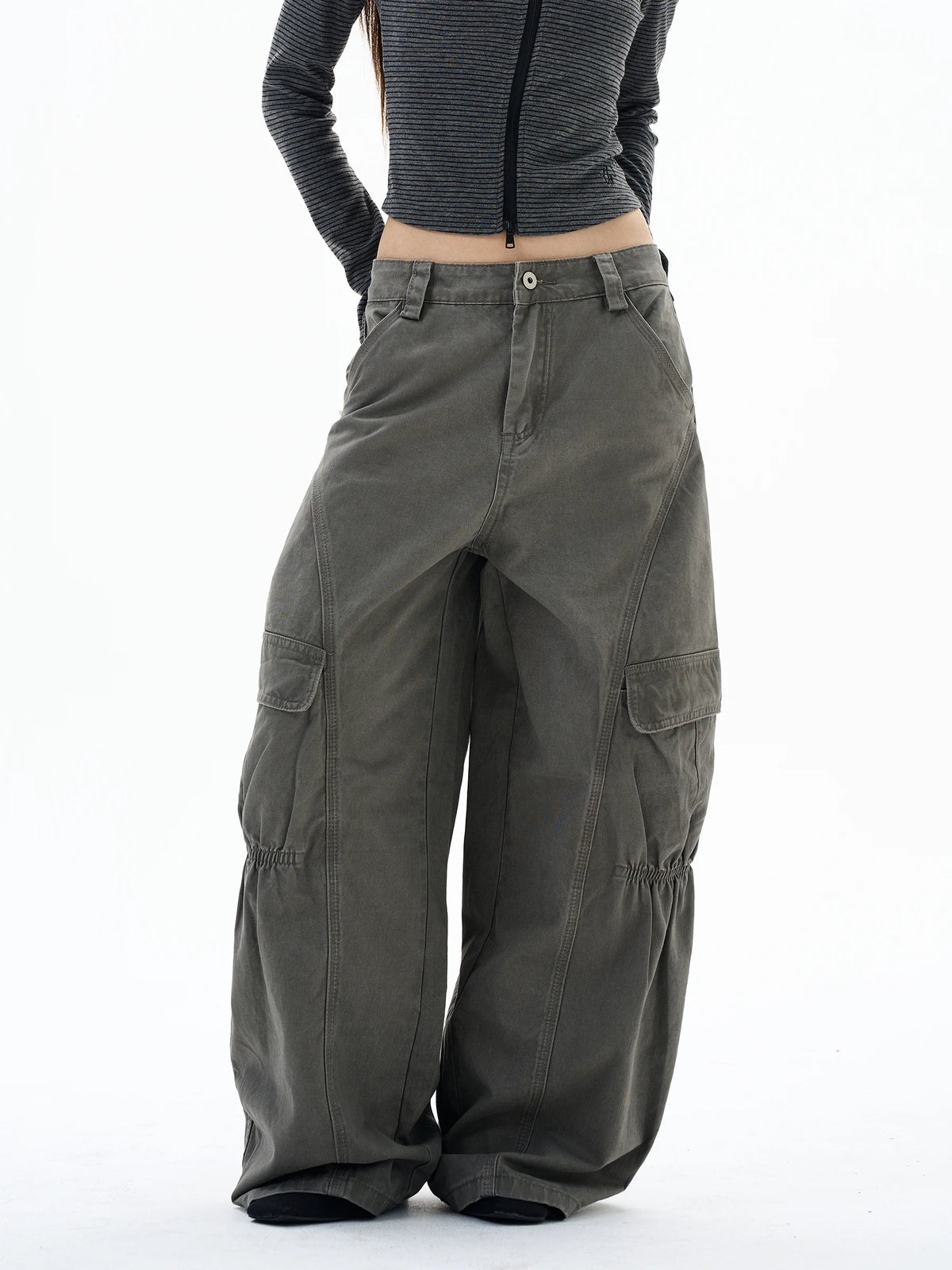 Washed Gathered-Knee Wide-Leg Cargo Pants product view 1