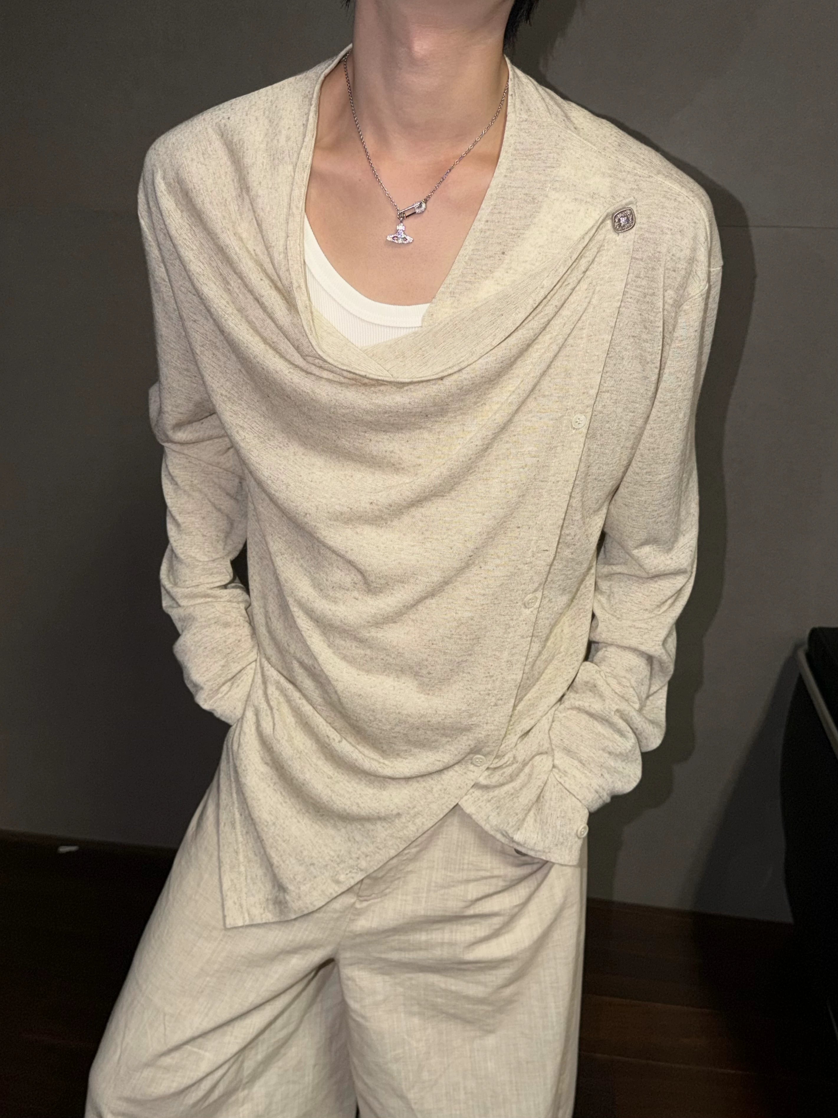 Draped Asymmetric Button Long-Sleeve Top product view 1
