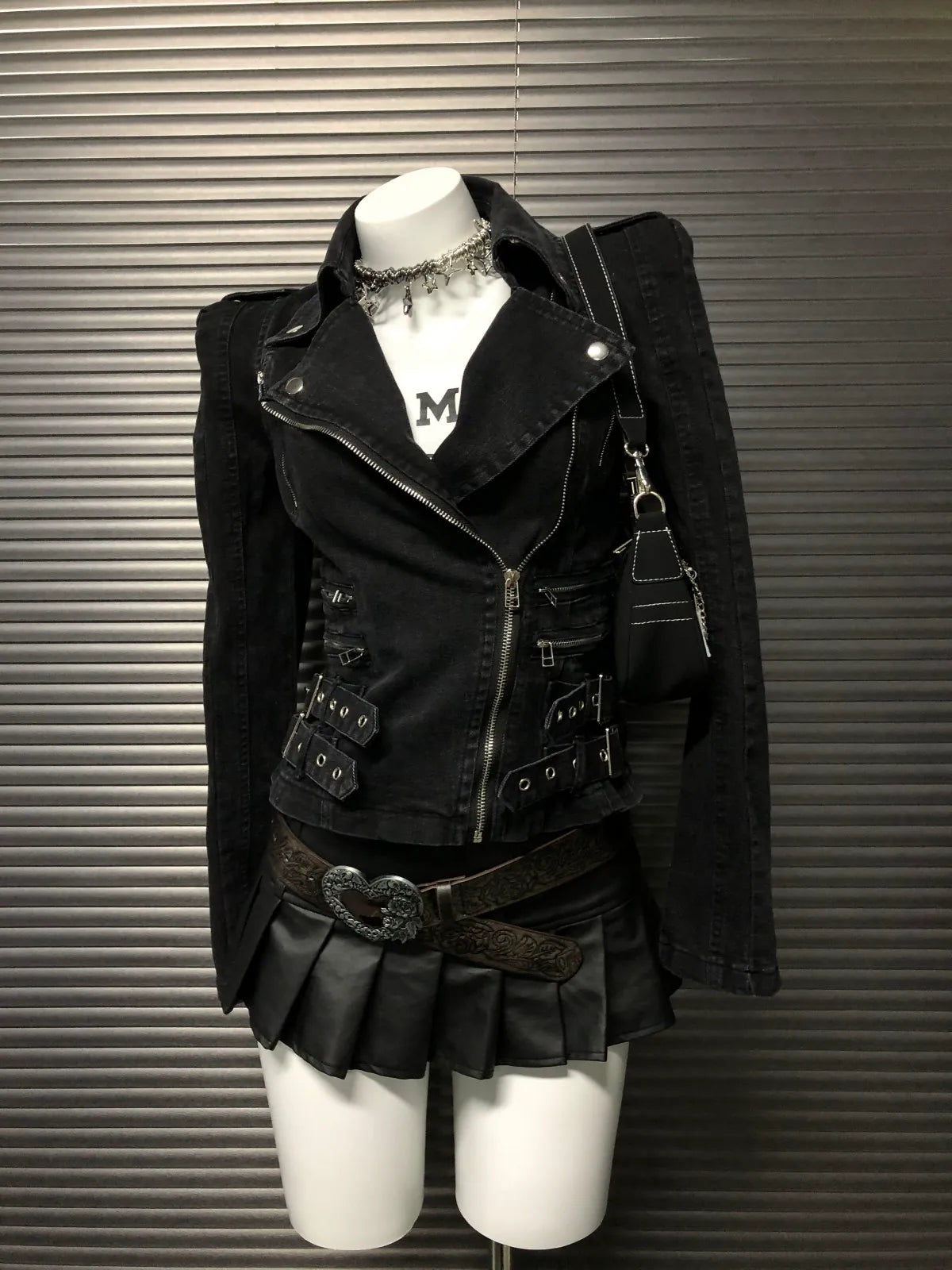 Buckle-Detailed Black Denim Moto Jacket product view 1