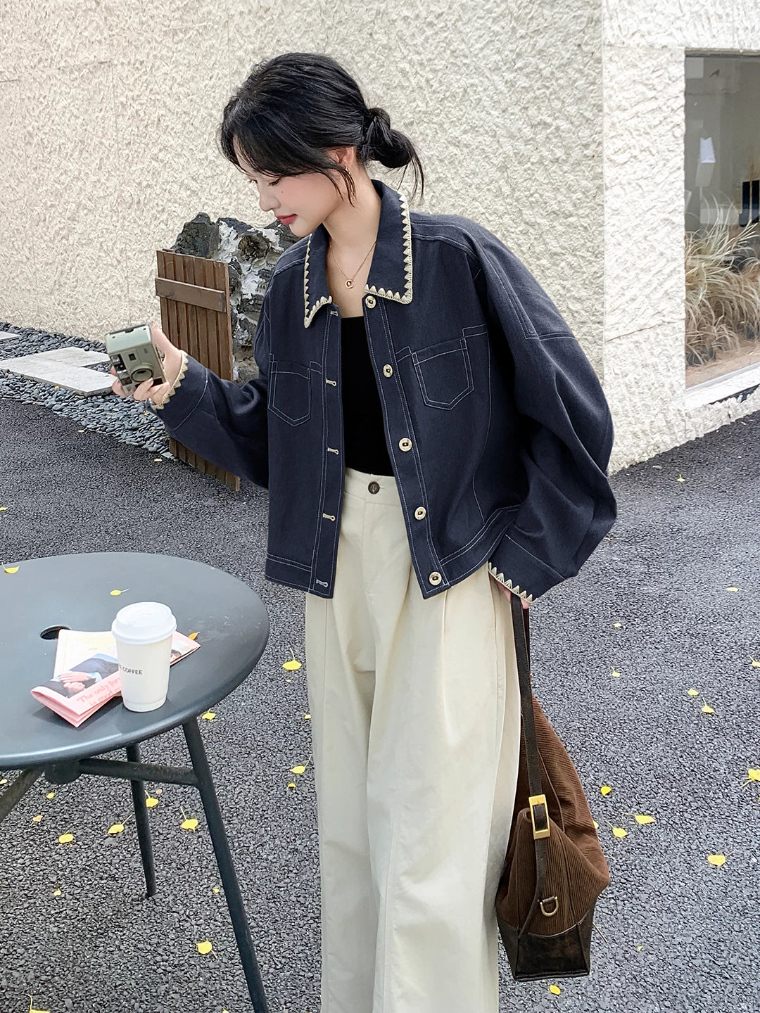 Contrast-Trim Cropped Denim Jacket product view 1