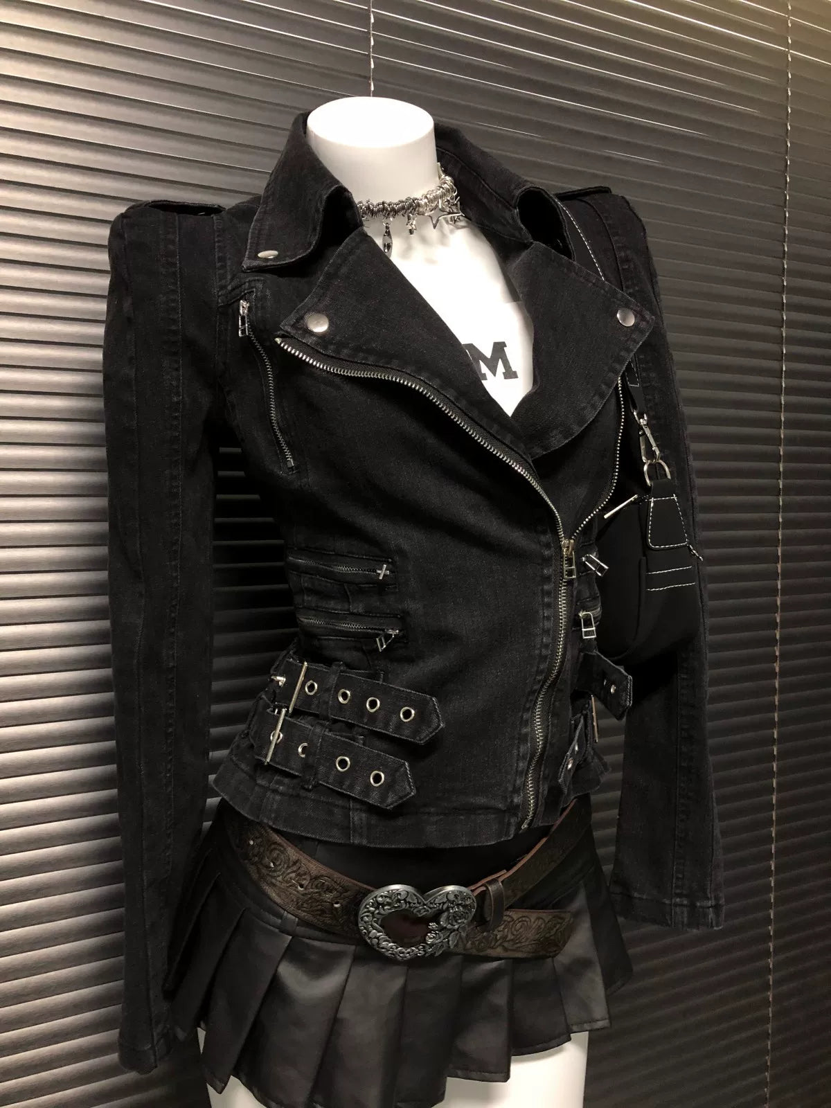 Buckle-Detailed Black Denim Moto Jacket product view 2