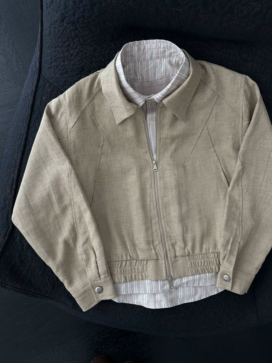 Layered-Collar Linen-Blend Zip Jacket product view 3