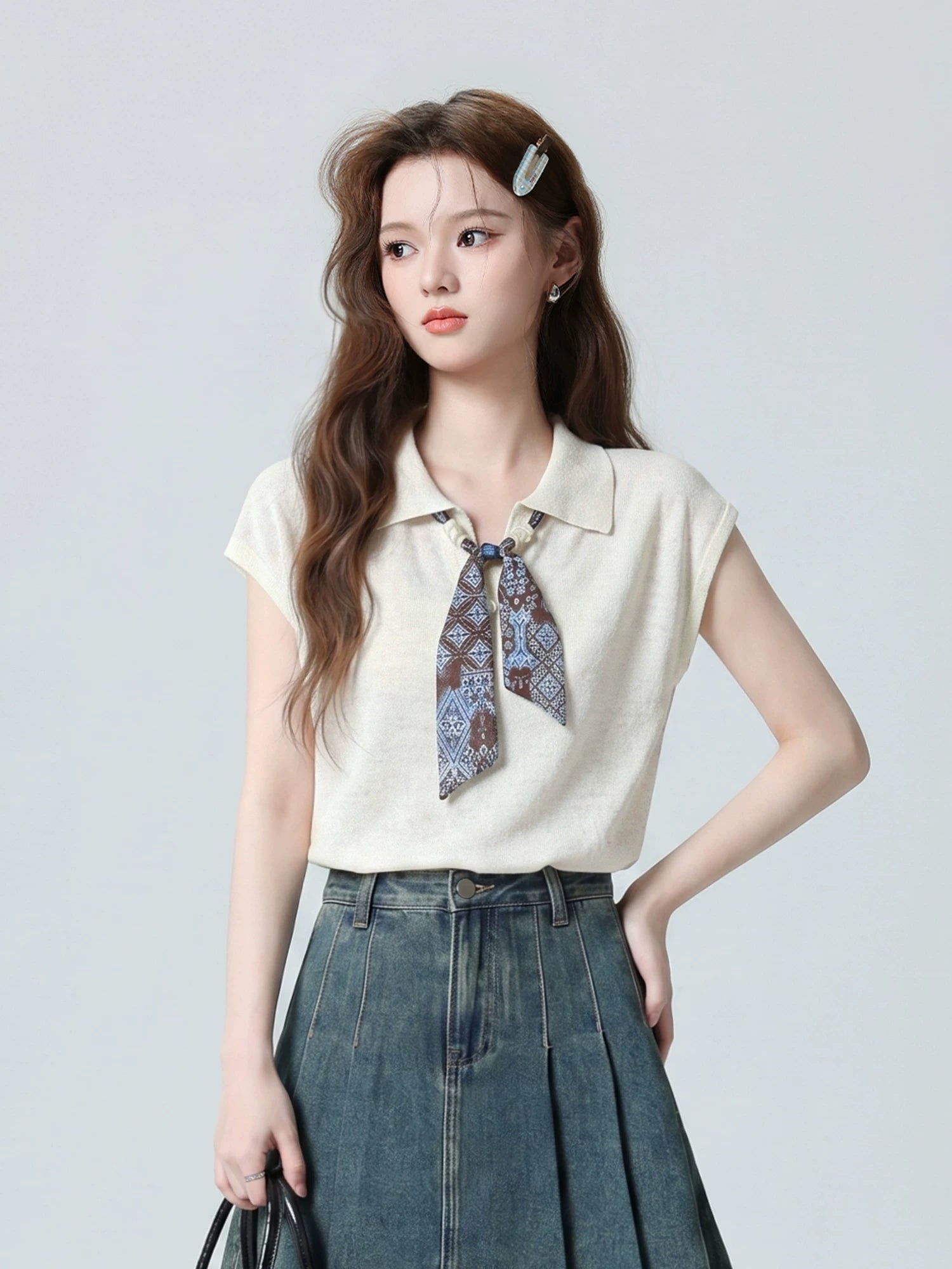 Scarf-Tie Oatmeal Polo Top product view 2