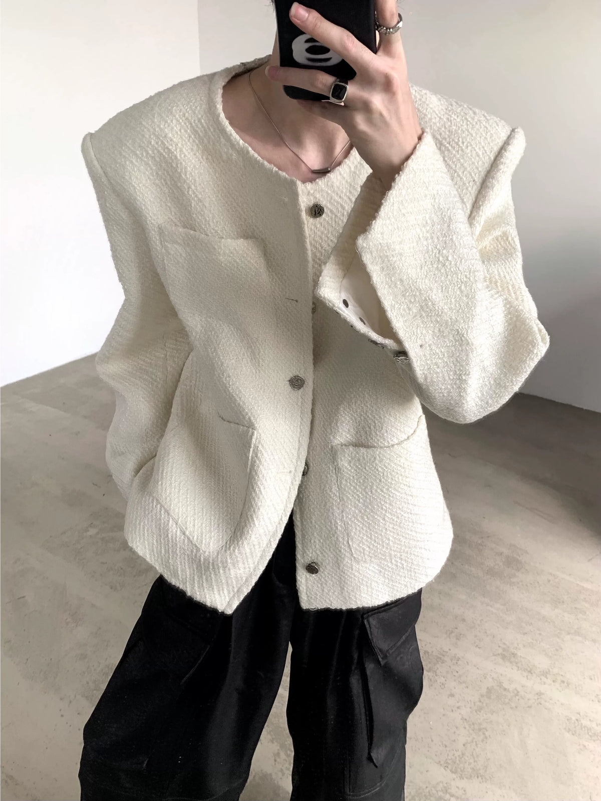 Collarless Tweed Shoulder-Pad Jacket product view 1