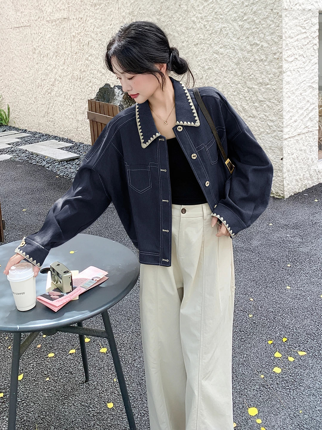Contrast-Trim Cropped Denim Jacket product view 2