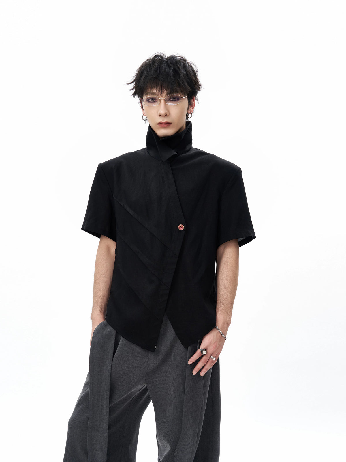 Asymmetric Fold-Collar Short-Sleeve Shirt product view 1