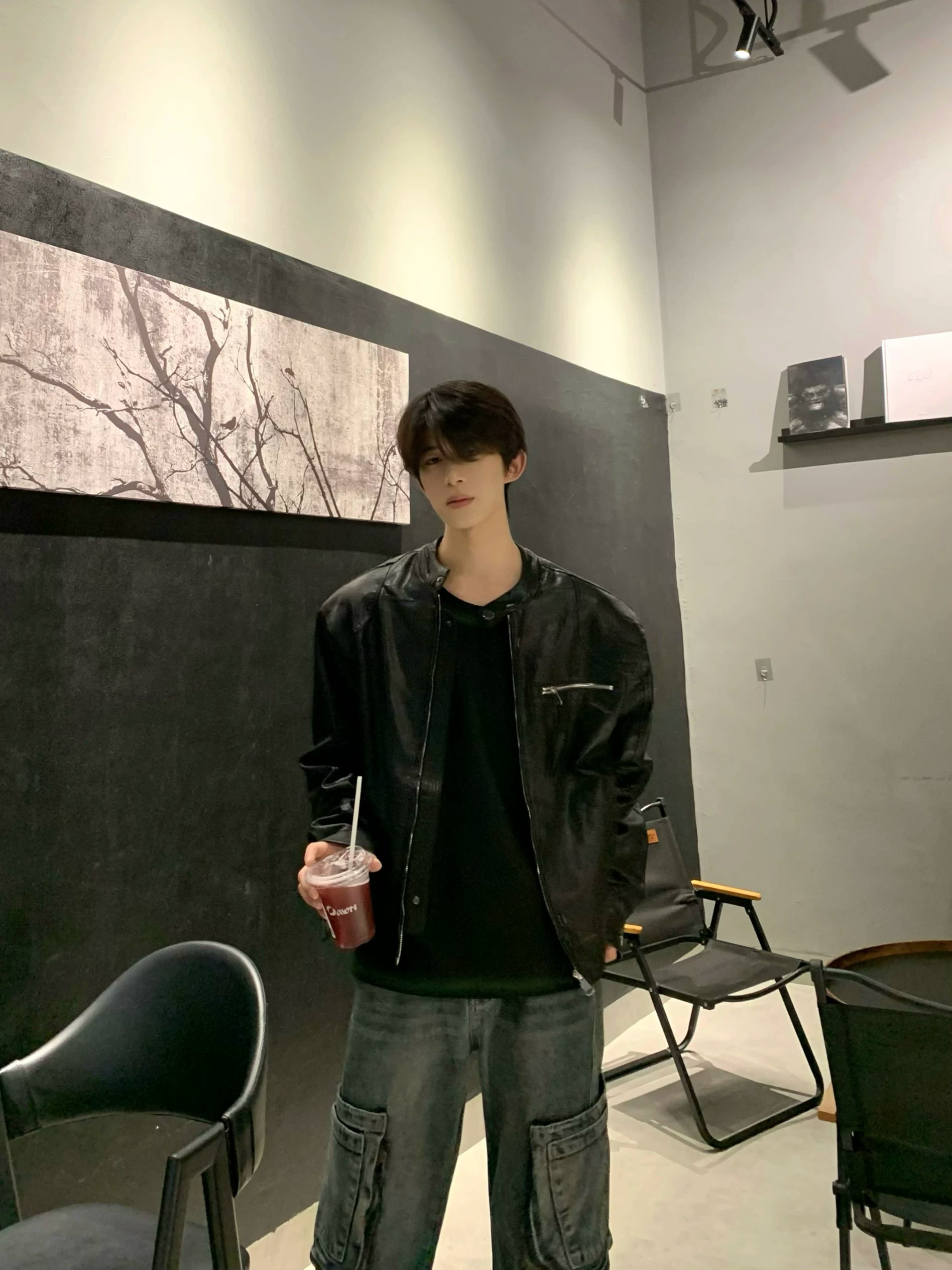 Padded-Shoulder Faux-Leather Jacket product view 2
