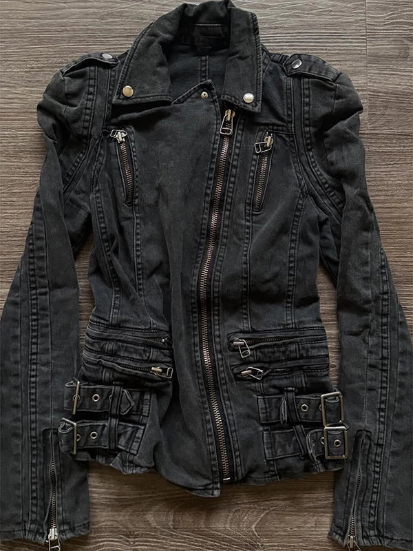 Buckle-Detailed Denim Moto Jacket product view 2