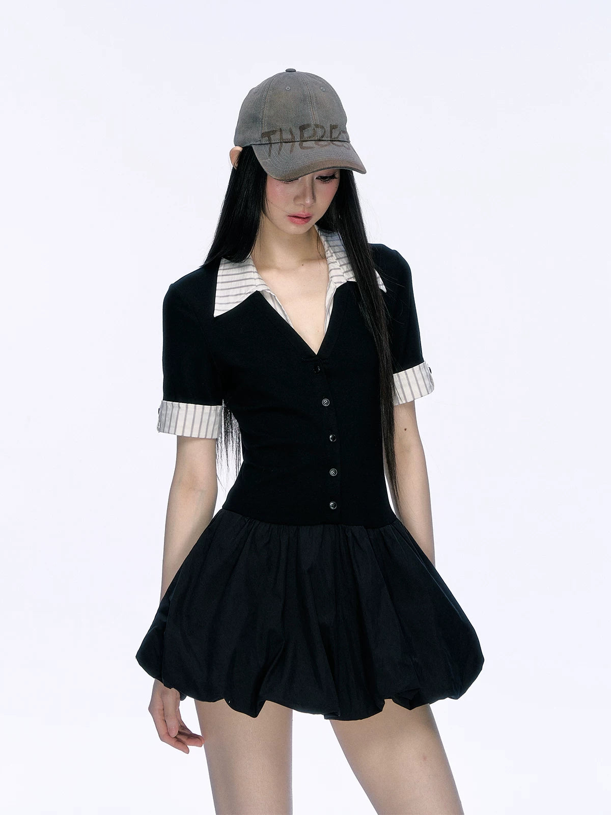 Contrast-Collar Ruffle-Hem Mini Dress product view 2