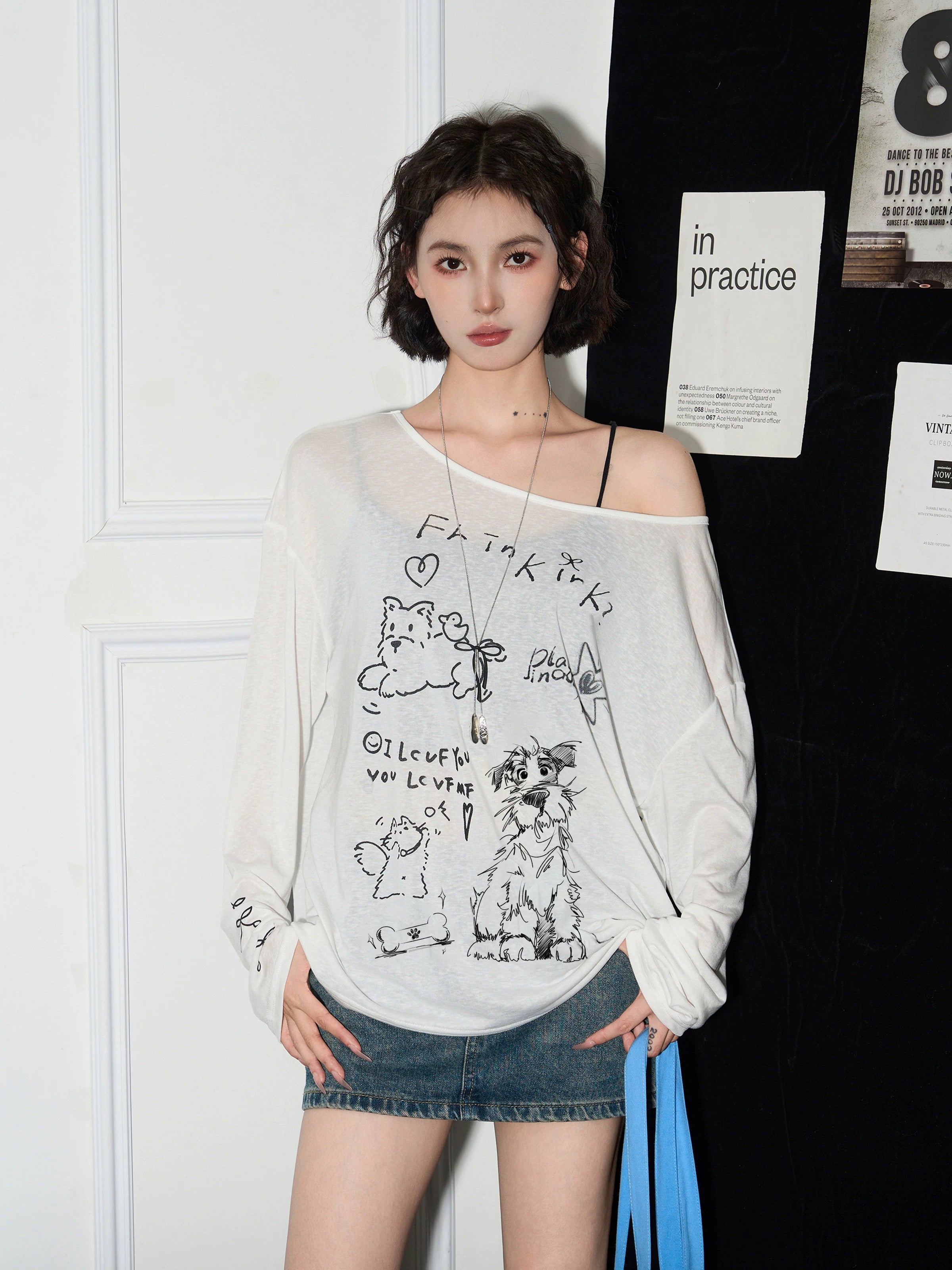 Cat-Print Off-Shoulder Sheer Blouse product view 1