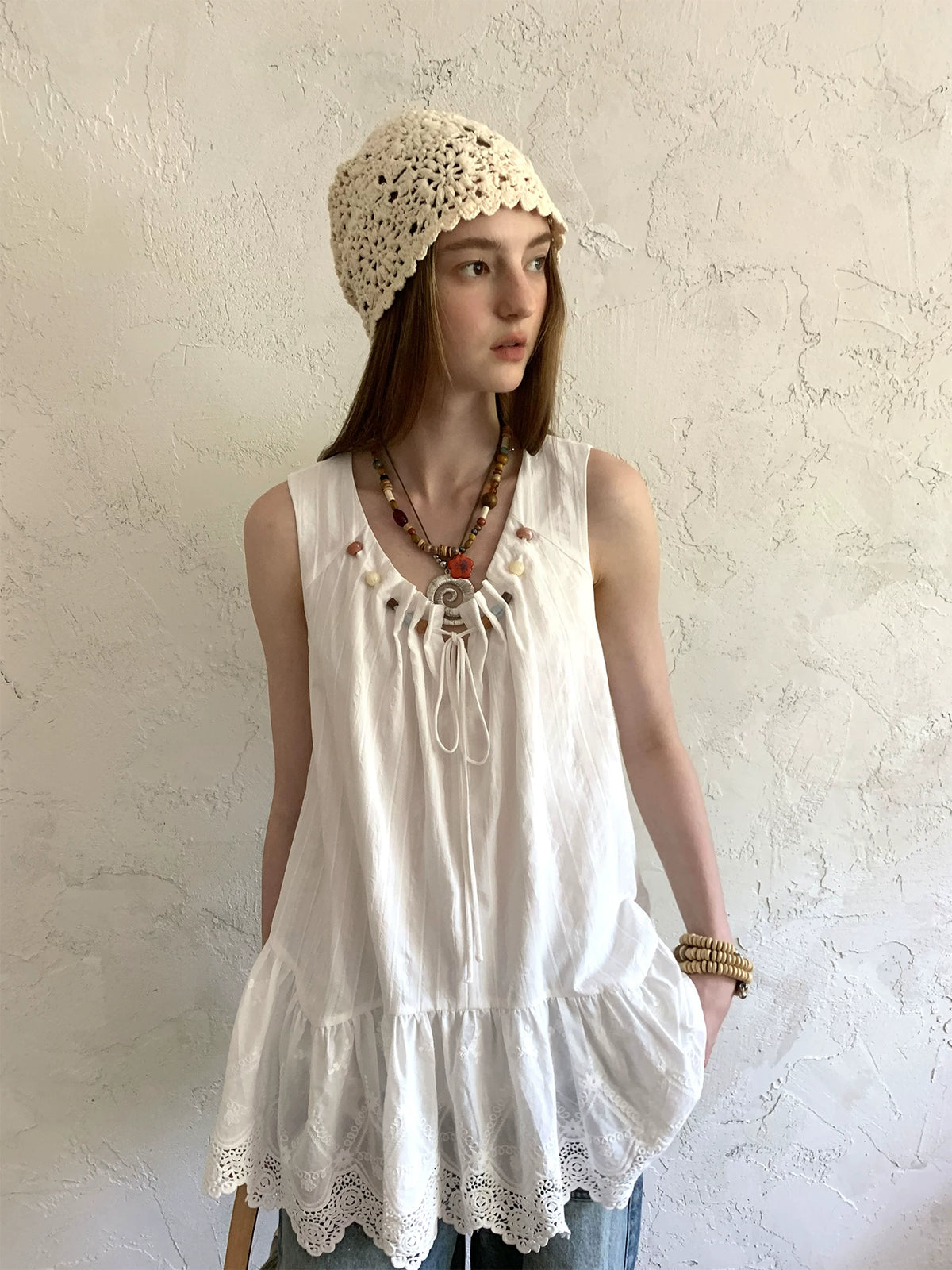 Beaded Eyelet Lace Tunic Top product view 1